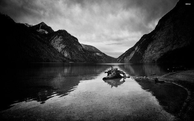 Boat shore lake mountains cloudy free wallpaper - medium preview image