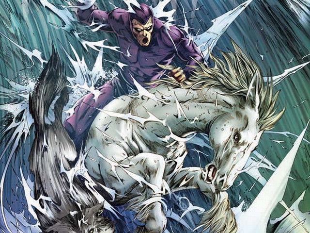Man riding white horse wolf free wallpaper - medium preview image