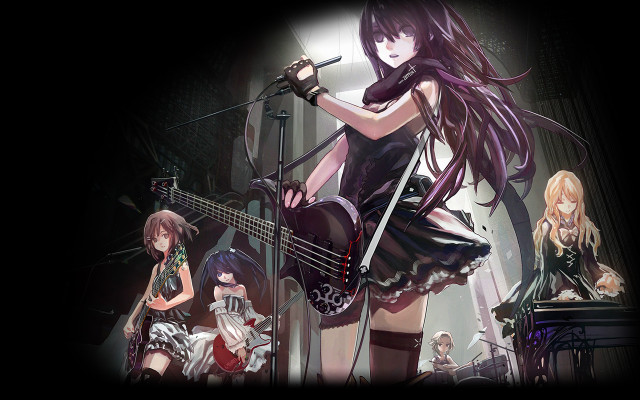 Anime girls guitar microphone dark free wallpaper - medium preview image