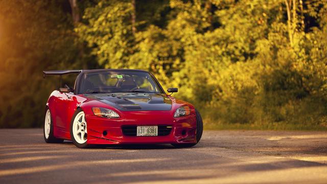 Red sports car parked trees free wallpaper - medium preview image