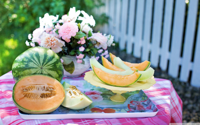 Table fruit melons flowers tablecloth free wallpaper - medium preview image