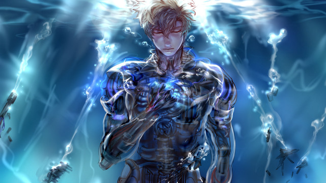 Futuristic man blue background fish free wallpaper - medium preview image