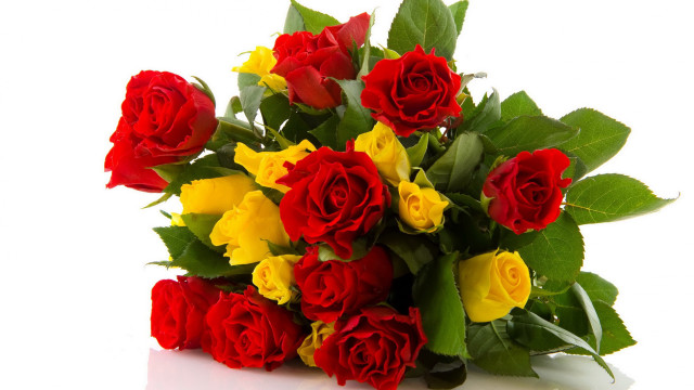Red yellow roses bouquet white free wallpaper - medium preview image
