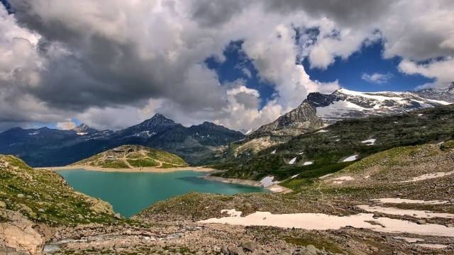 Lake mountains cloudy sky snow free wallpaper - medium preview image