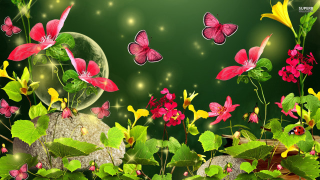 Green background flowers butterflies bubble free wallpaper - medium preview image