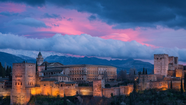 Castle clock tower dusk mountains free wallpaper - medium preview image