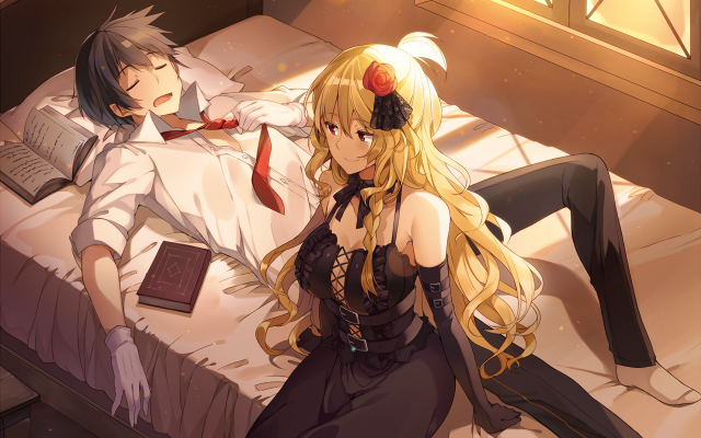 Anime girls bed book couple free wallpaper - medium preview image