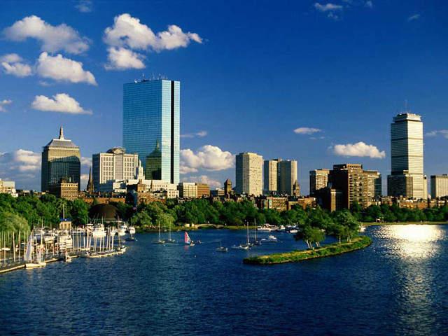 City skyline lake boats blue free wallpaper - medium preview image
