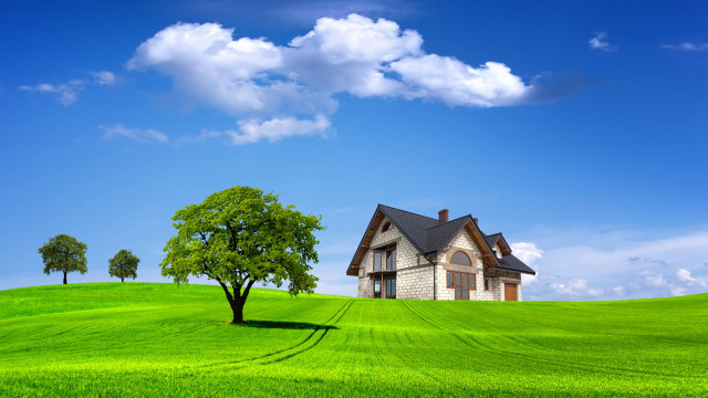 House hill tree field blue free wallpaper - medium preview image