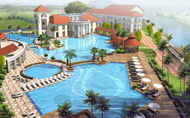 Resort pool lounge chairs umbrellas free wallpaper - medium preview image