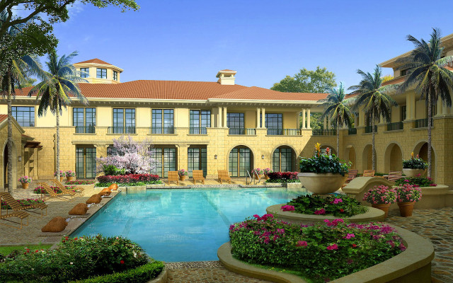 Large house pool flowers trees free wallpaper - medium preview image
