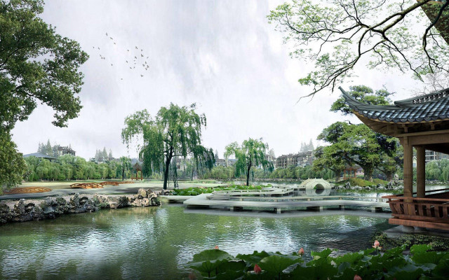 Pond pavilion bridge trees building free wallpaper - medium preview image