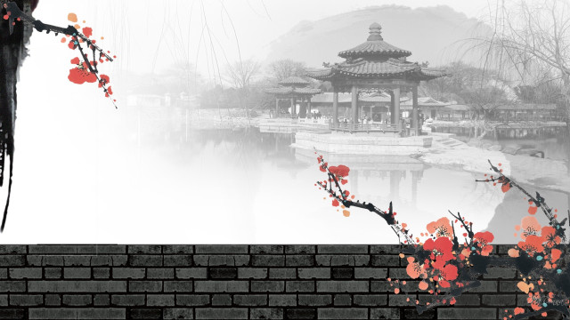 Chinese building lake red flowers free wallpaper - medium preview image