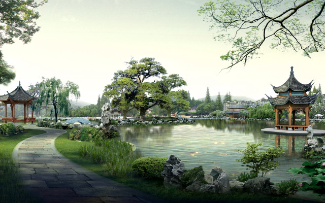 Park pond pavilions path leading free wallpaper - medium preview image