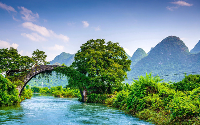 Bridge river mountains background water free wallpaper - medium preview image