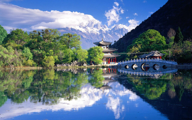 Bridge lake mountains building park free wallpaper - medium preview image