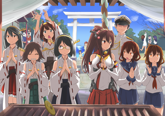 Girls uniform building hands up free wallpaper - medium preview image