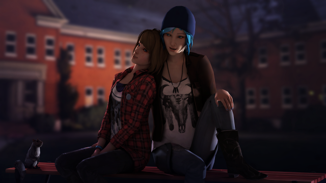 Young women bench building night free wallpaper - medium preview image