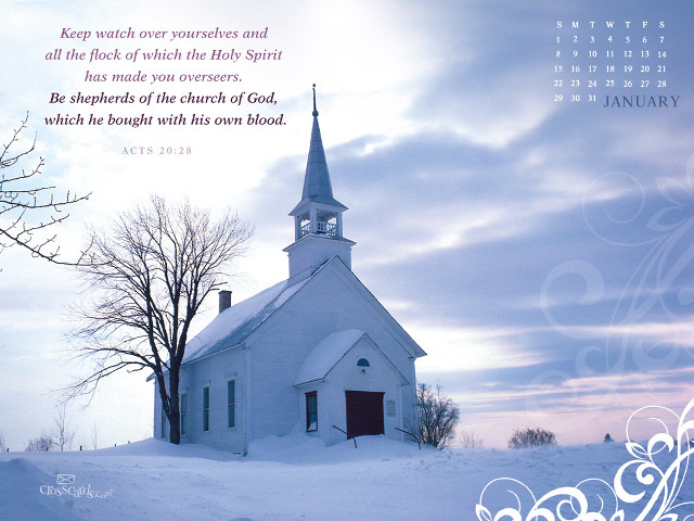 Church snowy field trees calendar free wallpaper - medium preview image