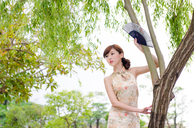 Woman dress fan tree sky free wallpaper - medium preview image