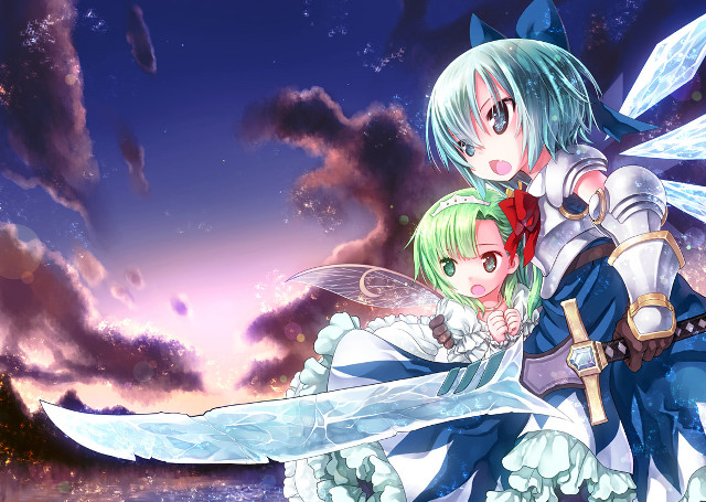 Anime characters hugging sunset sky free wallpaper - medium preview image