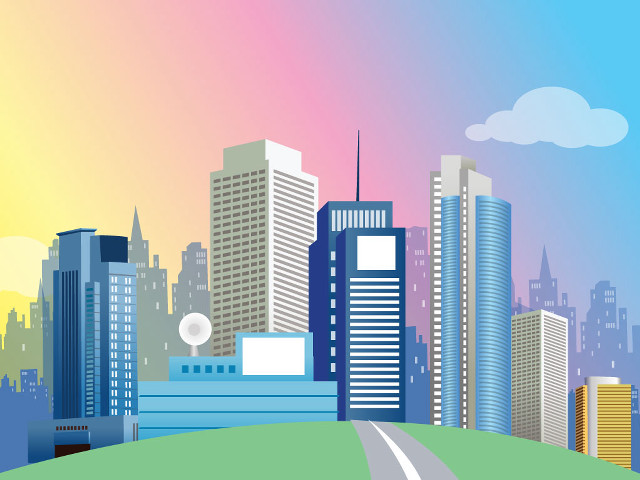 City tall buildings rainbow road free wallpaper - medium preview image