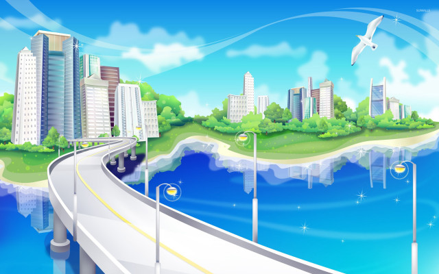Cartoon city bridge bird flying free wallpaper - medium preview image