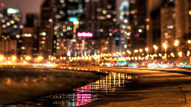 City street night lights water free wallpaper - medium preview image