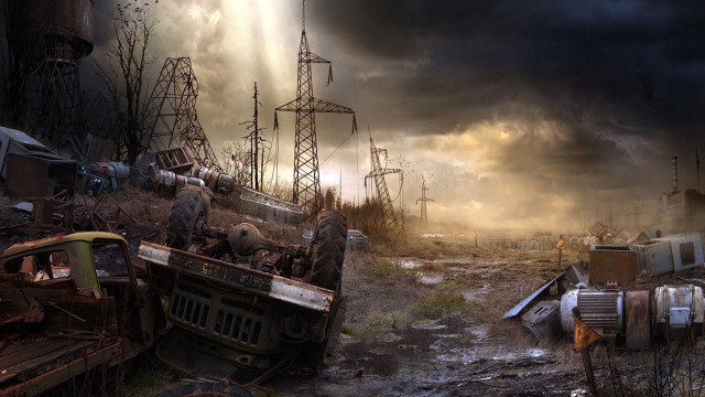 Junkyards telephone poles storm postapocalyptic free wallpaper - medium preview image
