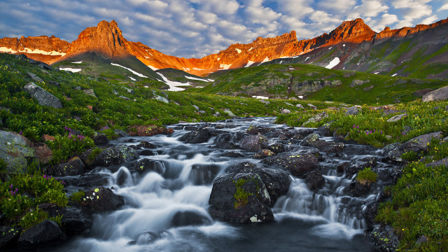 Stream green valley snowy mountains free wallpaper - medium preview image