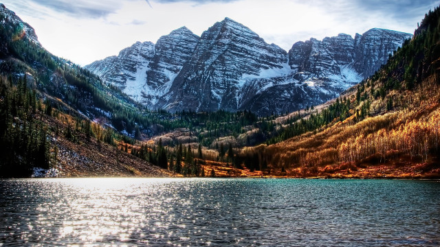 Mountain lake trees foreground scenery free wallpaper - medium preview image