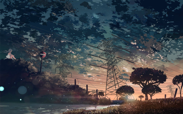 Sunset powerlines trees water city free wallpaper - medium preview image