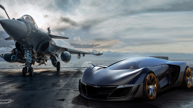 Futuristic car runway fighter jet free wallpaper - medium preview image