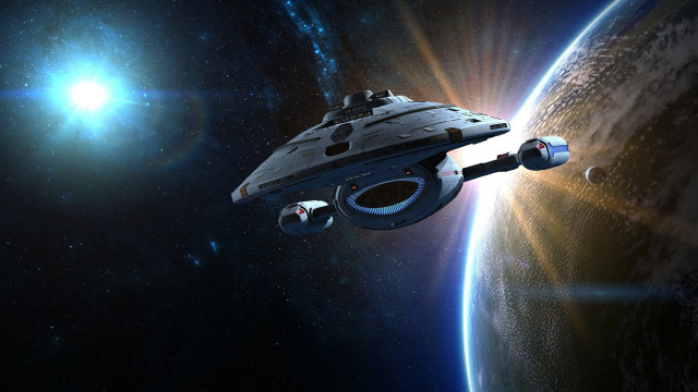 Spaceship flying planet sky bright free wallpaper - medium preview image