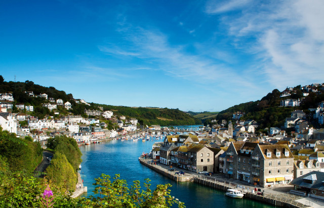 River houses hill background blue free wallpaper - medium preview image