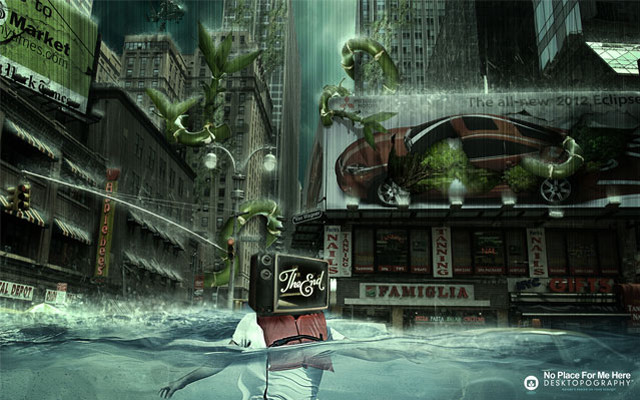 Man walking flooded city street free wallpaper - medium preview image