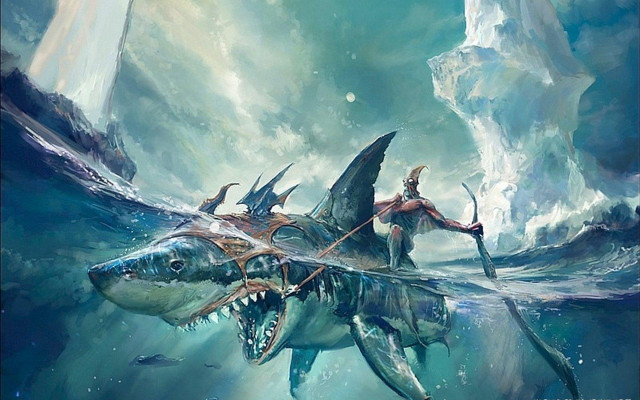 Man riding shark ocean spear free wallpaper - medium preview image