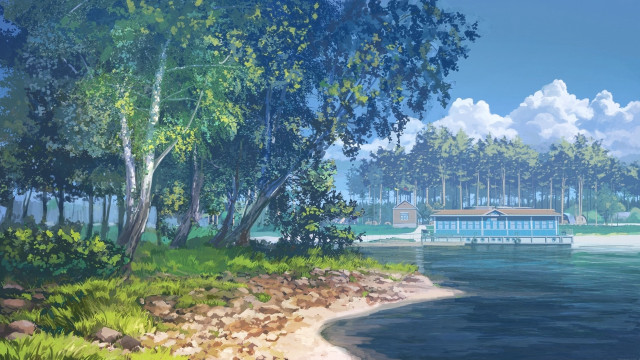 Boat water shoreline trees rocks free wallpaper - medium preview image