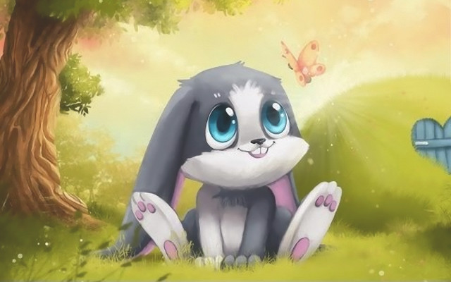 Cartoon bunny grass butterfly tree free wallpaper - medium preview image