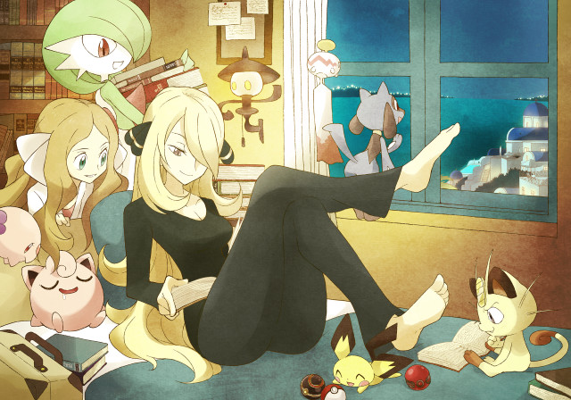 Anime characters bed cat dog free wallpaper - medium preview image
