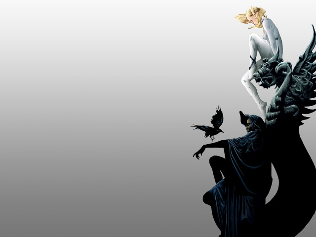 Woman sitting statue bird flying free wallpaper - medium preview image