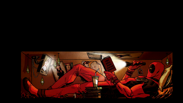 Man red suit reading book free wallpaper - medium preview image
