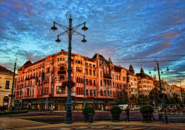Streetlight building skyline sidewalk artnouveau free wallpaper - medium preview image
