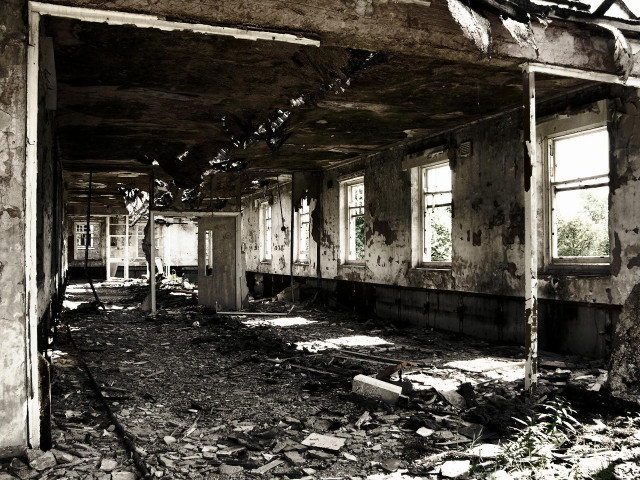 Dilapidated building broken windows debris free wallpaper - medium preview image