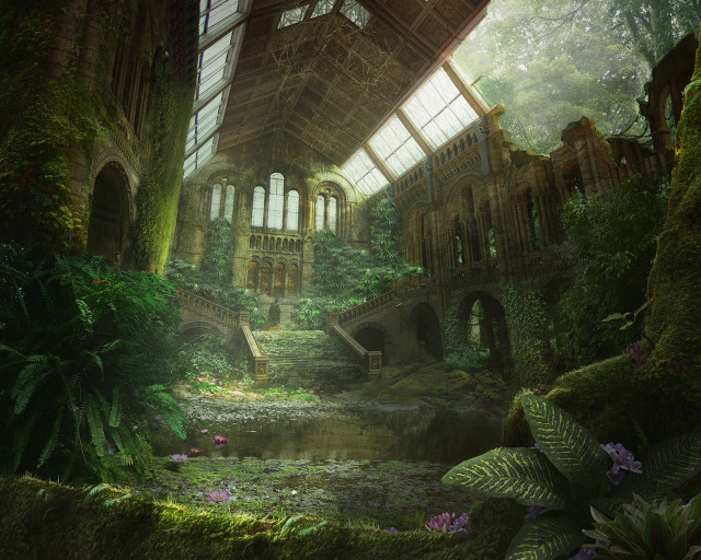 Building pond bridge painting middle free wallpaper - medium preview image