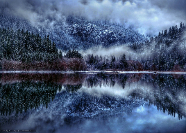 Snowy mountain lake trees fog free wallpaper - medium preview image