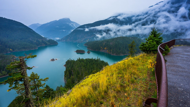 Scenic lake mountains trees foggy free wallpaper - medium preview image