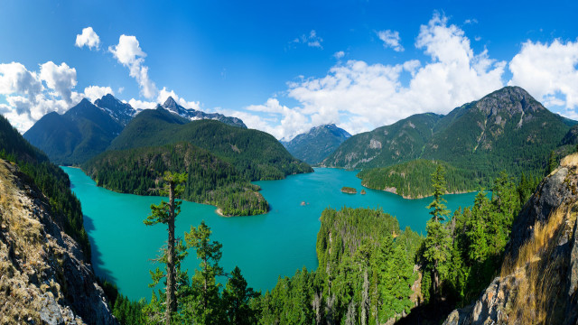 Lake mountains trees sunny blue free wallpaper - medium preview image