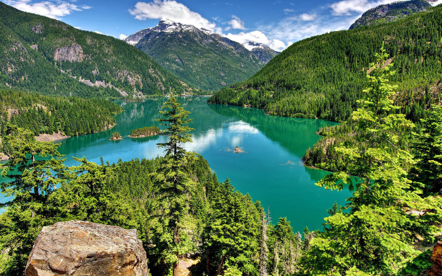 Lake mountains trees boat water #4 free wallpaper - medium preview image