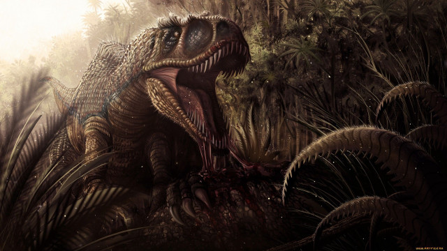 Dinosaur forest trees bushes painting free wallpaper - medium preview image
